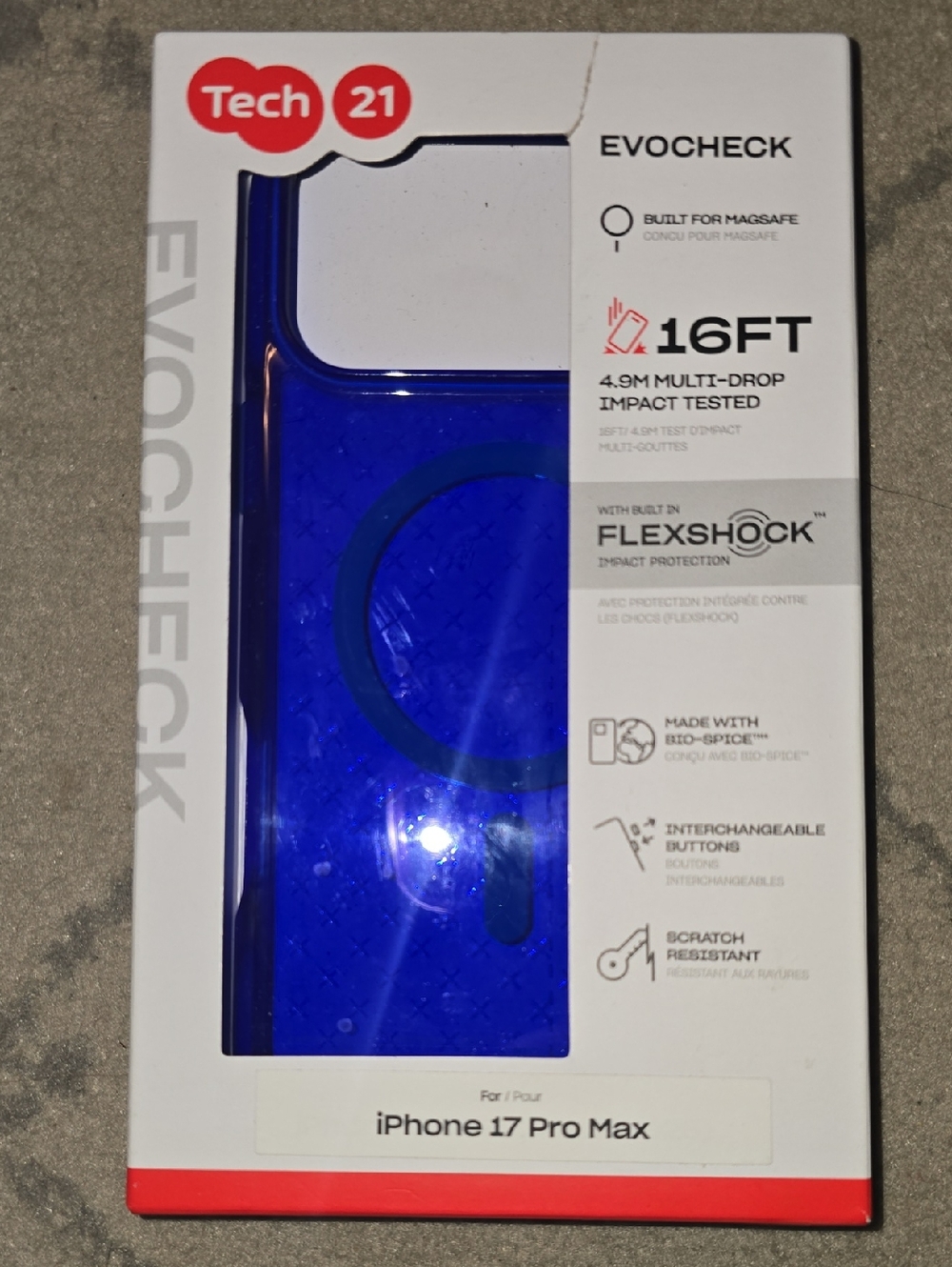 tech21 EvoCheck Blue Transparent iPhone 17 Pro Max Case 16-foot drop protection